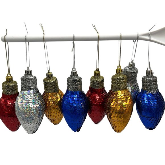 Lot of 8 Sequin Christmas Light Bulb Shape Ornament Colorful Shiny Festive Decor - Picture 1 of 10